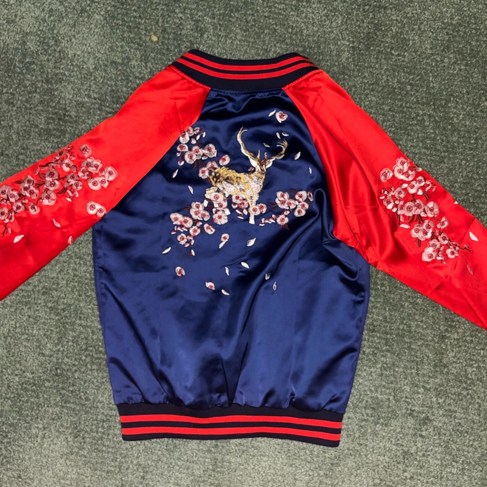 Embroidered Satin Bomber Jacket - Red and Blue